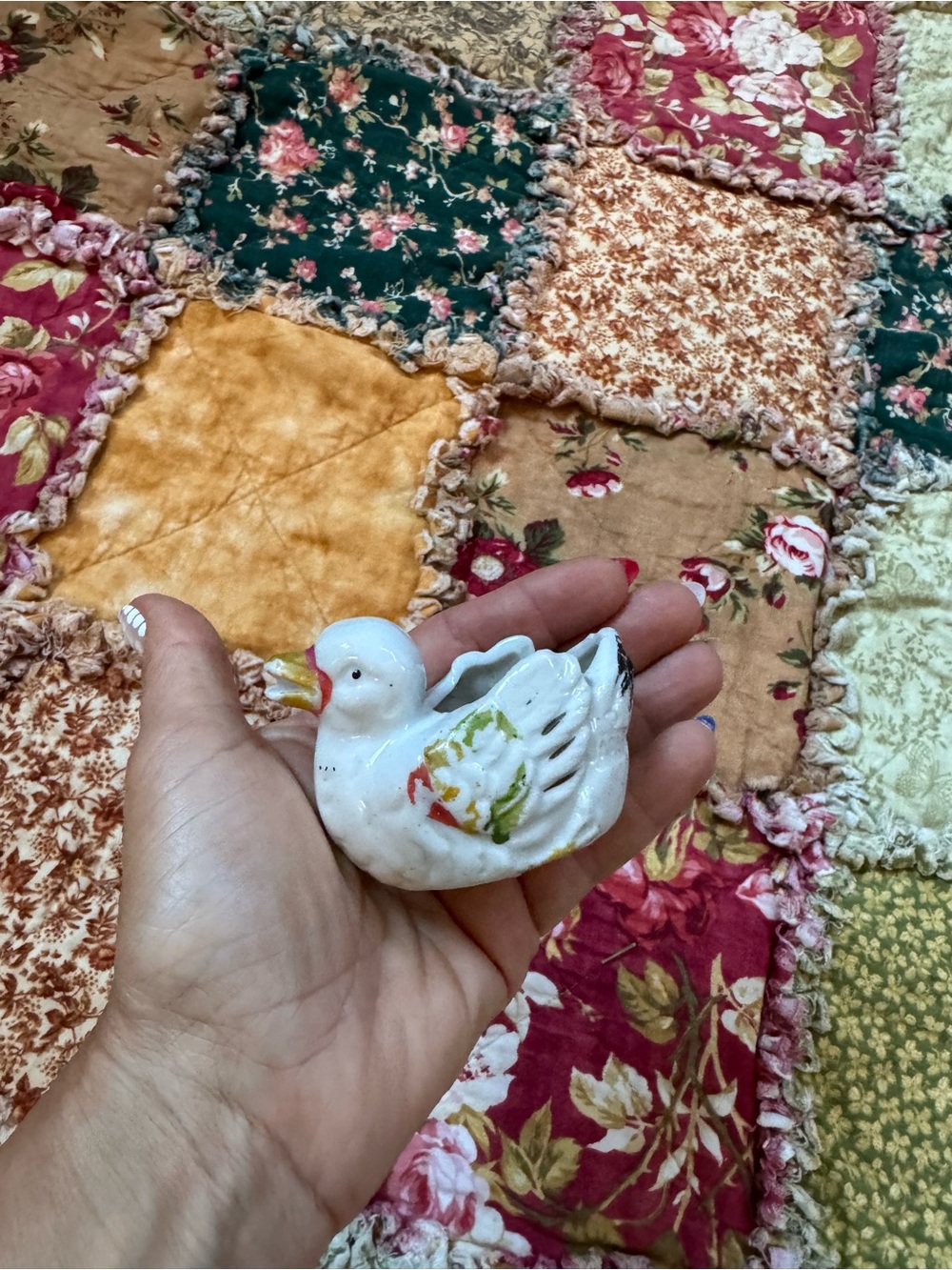Vintage White Japan Ceramic Duck Figurine with Multicolor Accents